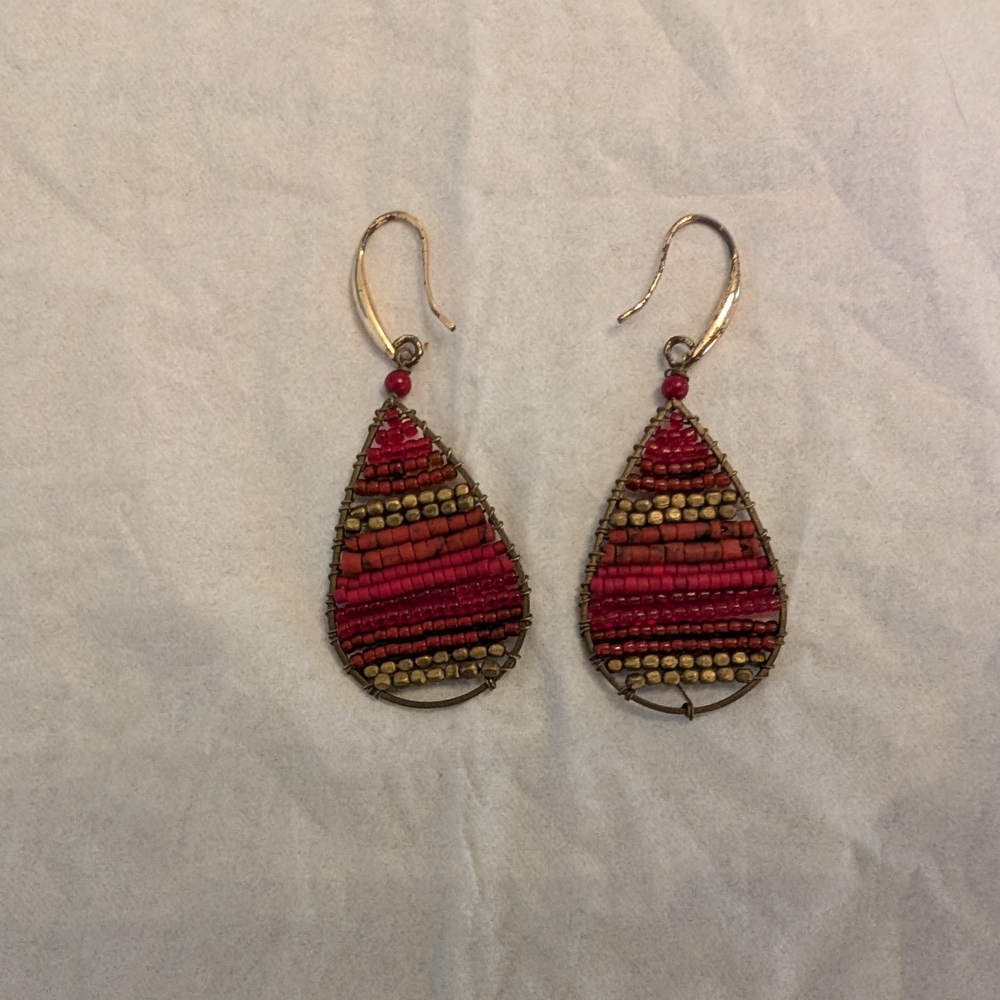 Red and Gold Teardrop Earrings with Woven Textile